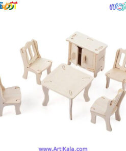 تصویر پازل 3 بعدی چوبی میز و صندلی نهار خوری