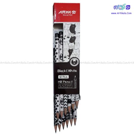 مداد مشکی طرح دار آریا بسته 12 عددی مدل سیاه و سفید